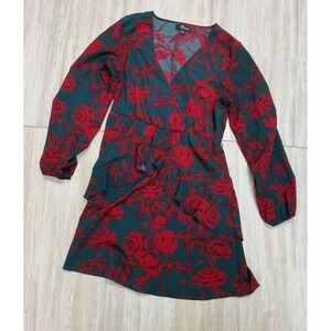 Huguest  Floral Wrap Dress Ruffle Midi Long Sleeve Teal Red Womens M